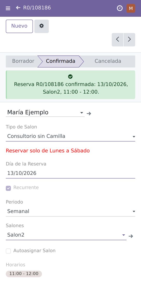 Reserva recurrente confirmada